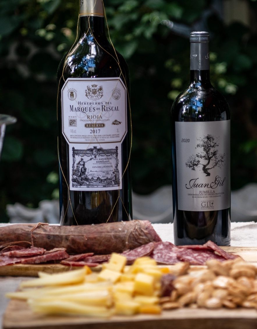 Vins rouges et planche charcuterie pour mâchon